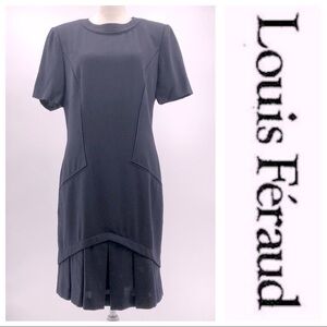 LOUIS FERAUD Navy Blue Midi Dress Short Sleeve Box Pleat Hem Vintage Size 6